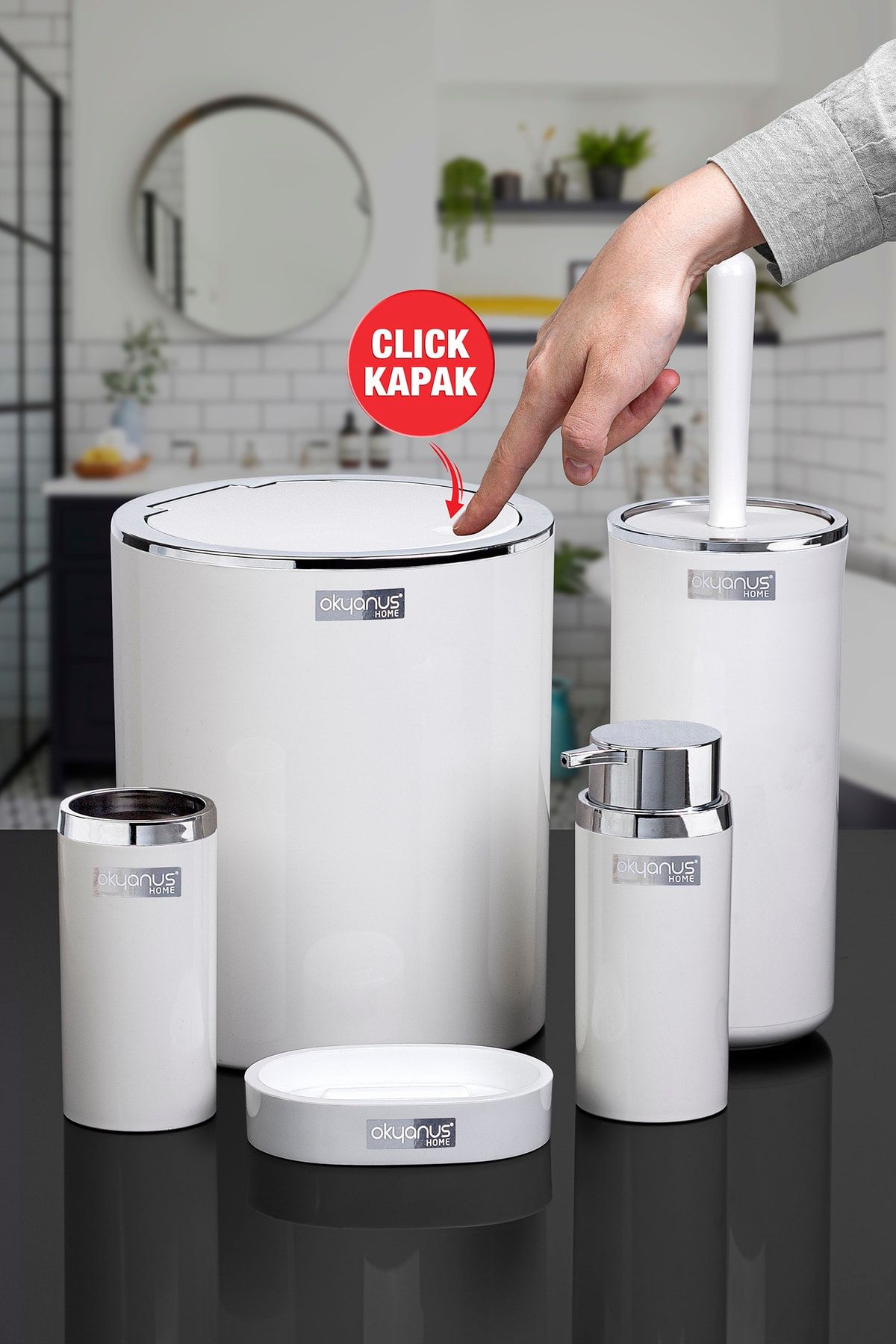 Okyanus Home Beyaz Yuvarlak Krom 5'li Banyo Seti